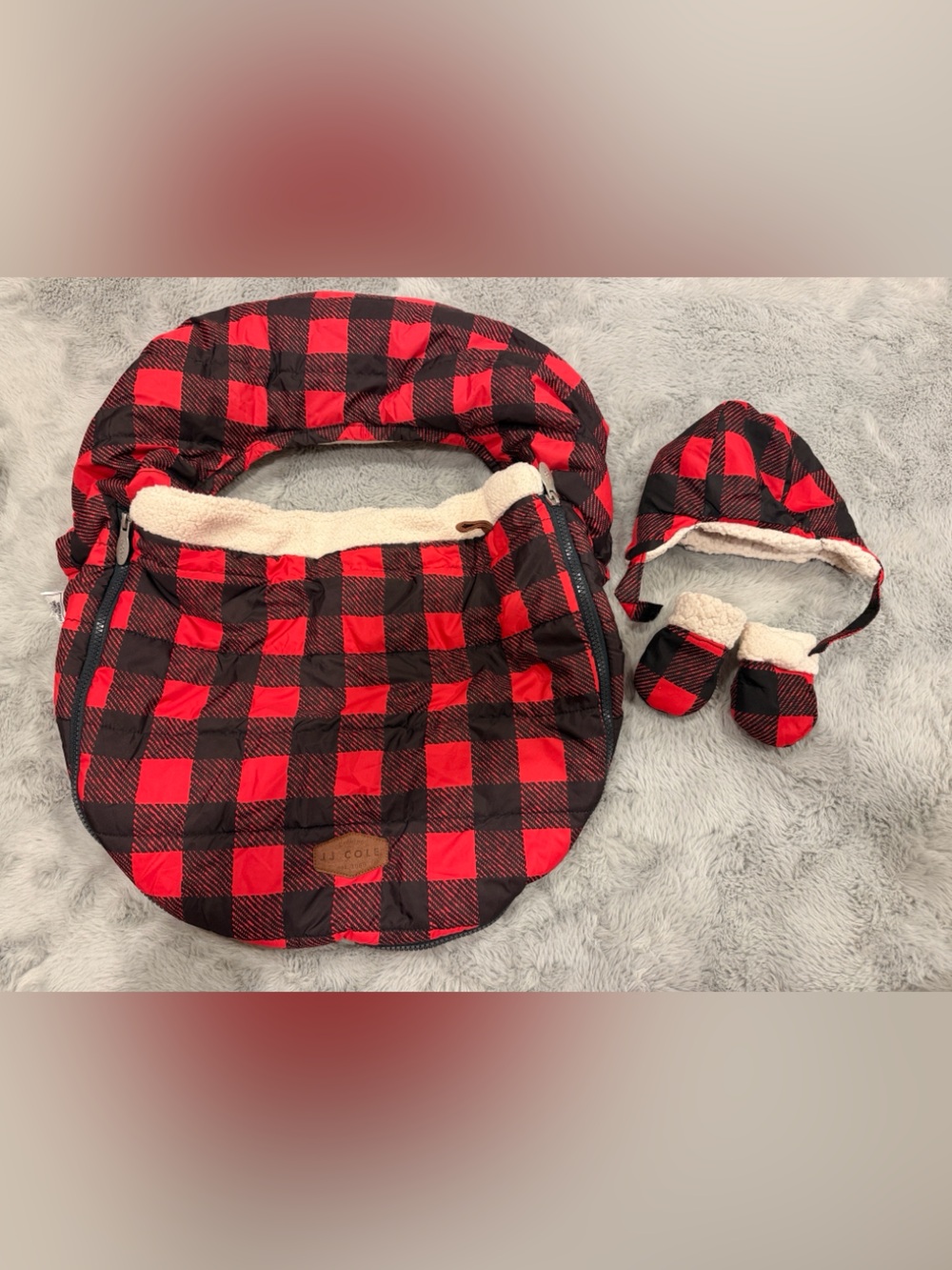 Buffalo red Plaid Infant Car Seat Cover - Kids hat gloves matching set - JJ Cole